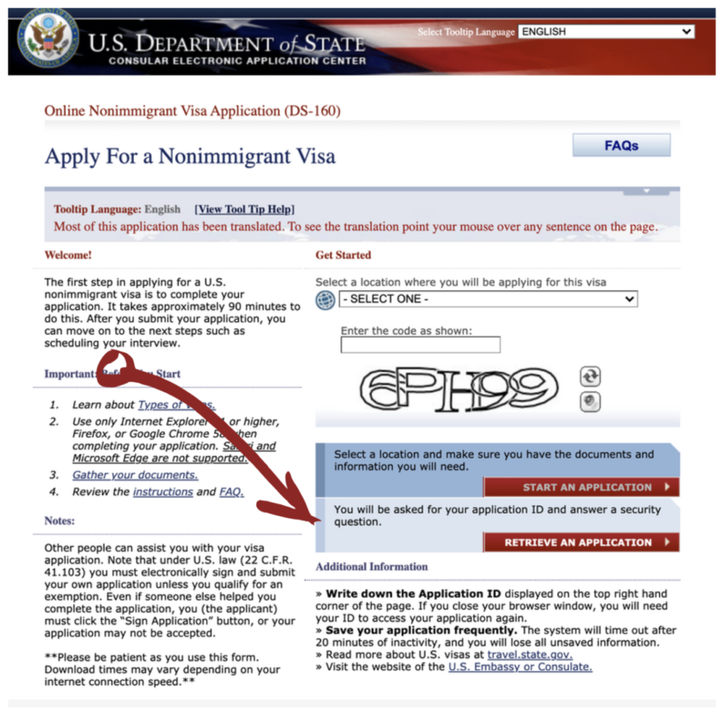 How to Retrieve DS-160 Application Example