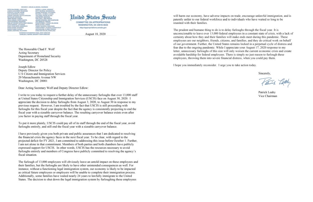 USCIS Furloughs Sen. Patrick Leahy's letter